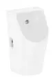Weißes Urinal mit integriertem Ablauf, montiert an der Wand. Rückseitiger Zulauf, spülrandlos gestaltet. Von Hansgrohe.